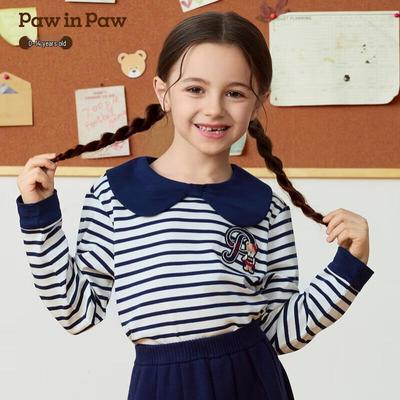 PawinPaw Girls' Striped Lapel Long Sleeve T-Shirt