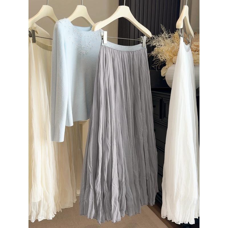 Super fairy mesh yarn solid color pleated skirt women's spring and summer new high waist and thin A word to cover the hips medium and long skirt