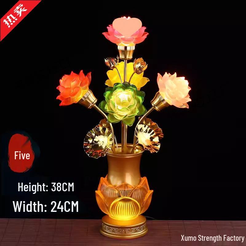 Seven-Color Lotus Lamp for Buddha Offering: Ever-Burning Guanyin Home Decor – Nine Horse Year Edition