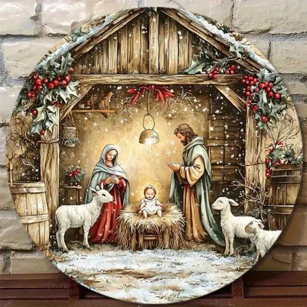 

Vintage Christmas Nativity Metal Sign 8x8 Inch Round Tin Plate Wall Art Durable Religious Holiday Home Decor For Living Room 20x20 різнокольоровий