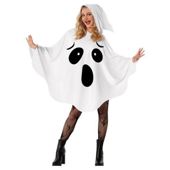 Women Ghost Costume for Adult Halloween Ghost Poncho Cloak White Ghost Hooded Cape Cosplay Party Outfit