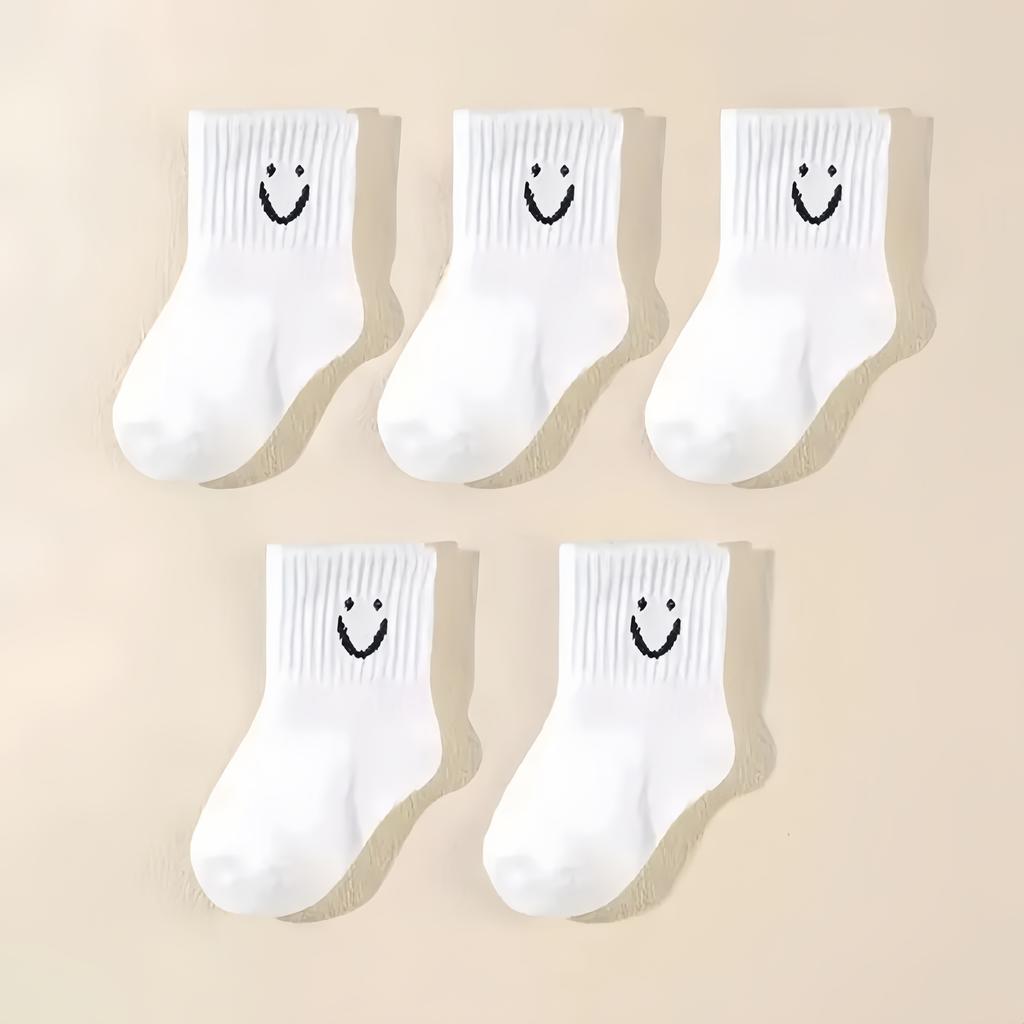 5 Pairs Baby Socks Cotton Toddler Soft Comfortable Breathable All-Season Cartoon Smile Pattern Kids Footwear For 0-5 years