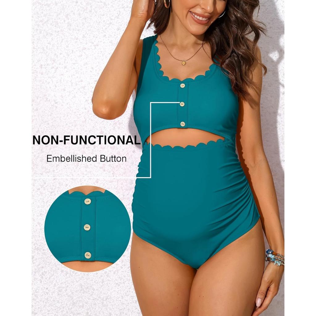 CHARMLEAKS Umstands-Einteiler-Badeanzug, gewellter, ausgeschnittener, gerüschter, hoch taillierter Schwangerschafts-Badeanzug mit U-Ausschnitt