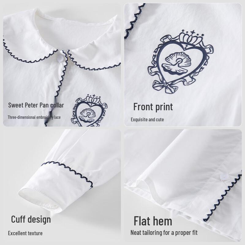 Girls' White Peter Pan Collar Puff Sleeve Cotton Shirt