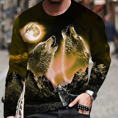 Koszulki męskie z nadrukiem Wolf Moon Koszulki z długim rękawem Koszulki z okrągłym dekoltem Casual Pullover Odzież męska w dużych rozmiarach
