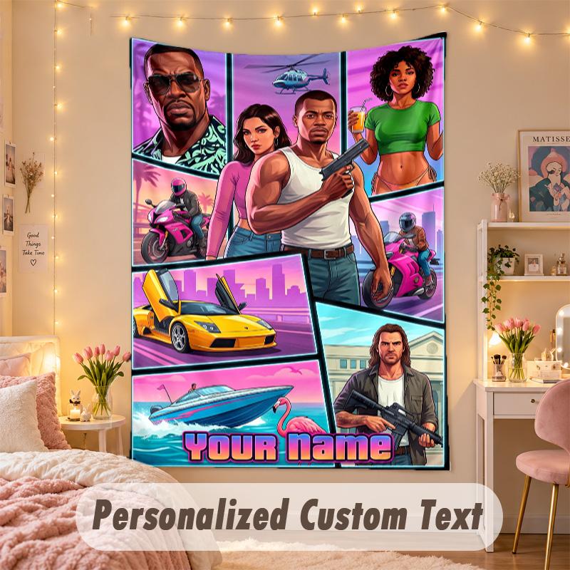 Benutzerdefinierte Personalisierte Wandteppich, GTA Druck Benutzerdefinierter Name Text Wandkunst zum Aufhängen für Schlafzimmer