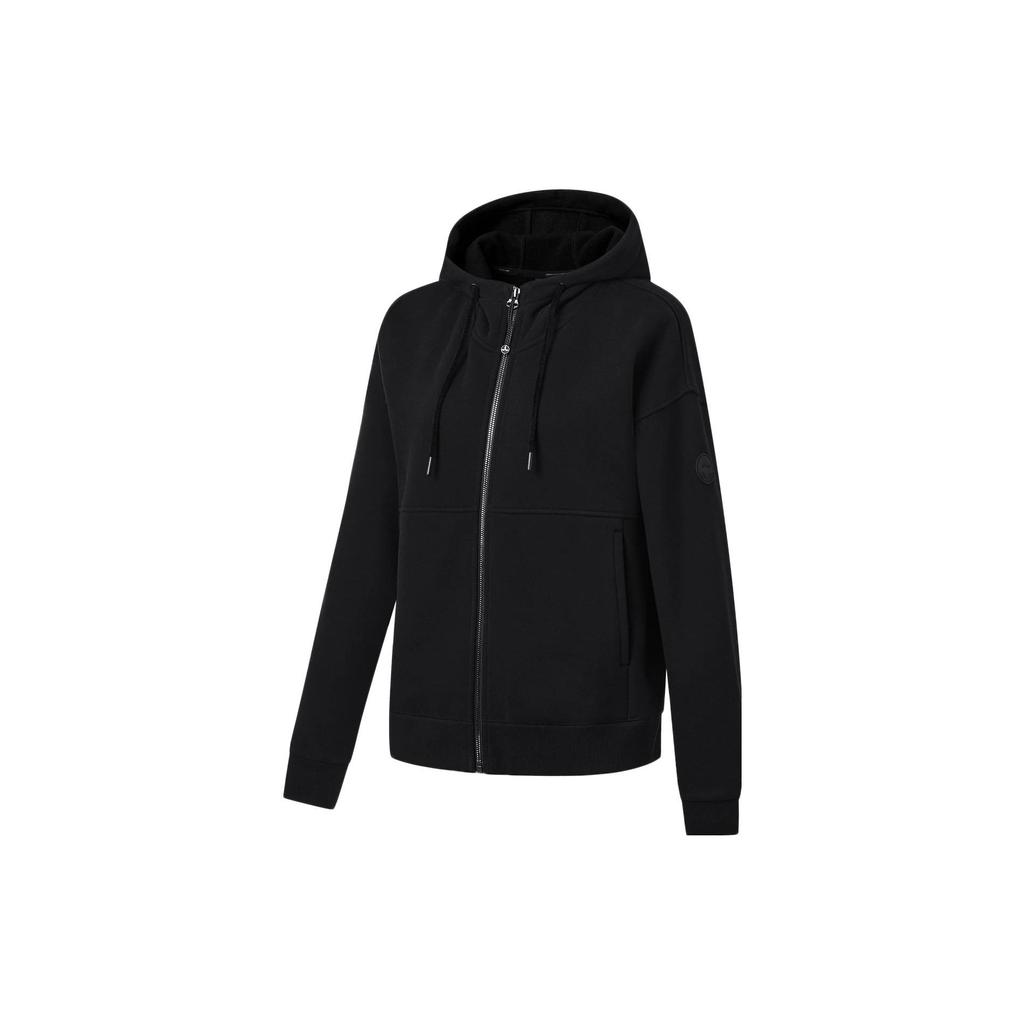 Li-Ning Solid Color Zipper Hooded Fleece Sweatshirt Women Sweatshirts Black AWDT784-1