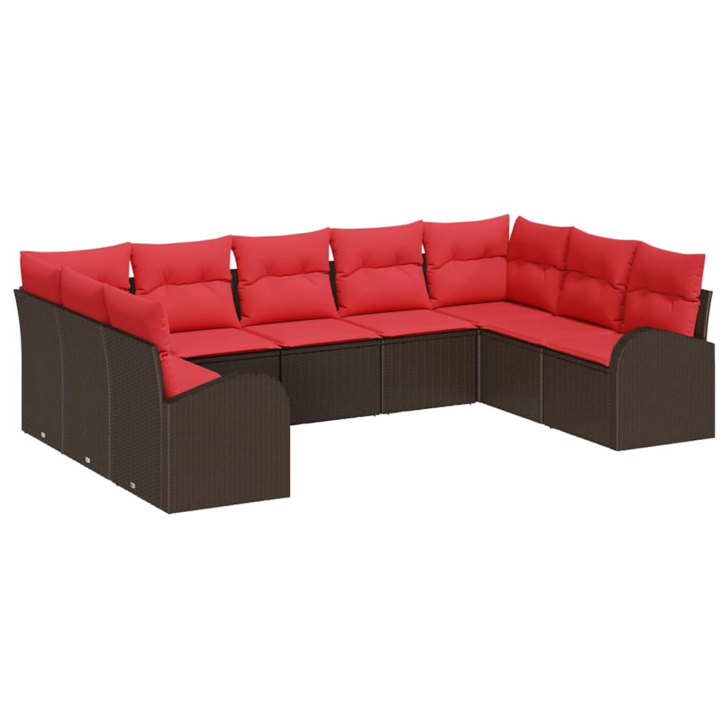 Garden Sofa Set with Cushions 9 pcs Brown and Red Poly Rattan