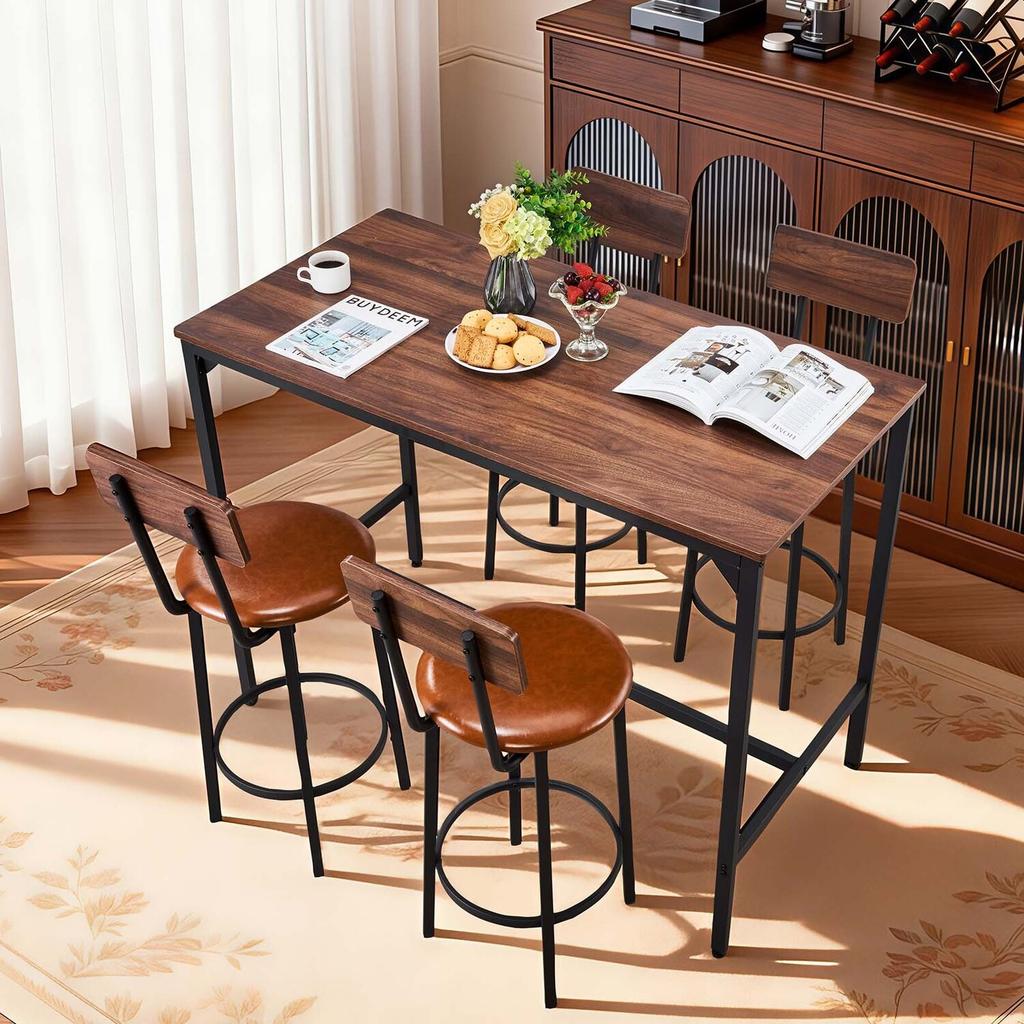 Bar Table, 5PCS 1193.8mm Bars Tables Set, Bar Tables and Chair Set with Rounded Edge Design, Rectangular Pub Table with Four Stools for Living Room,