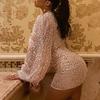 Women's Sexy Sequin Bodycon Dress Sheer Long Sleeve Deep V Neck Mini Dress Sparkly Evening Party Dress for Night Clubs