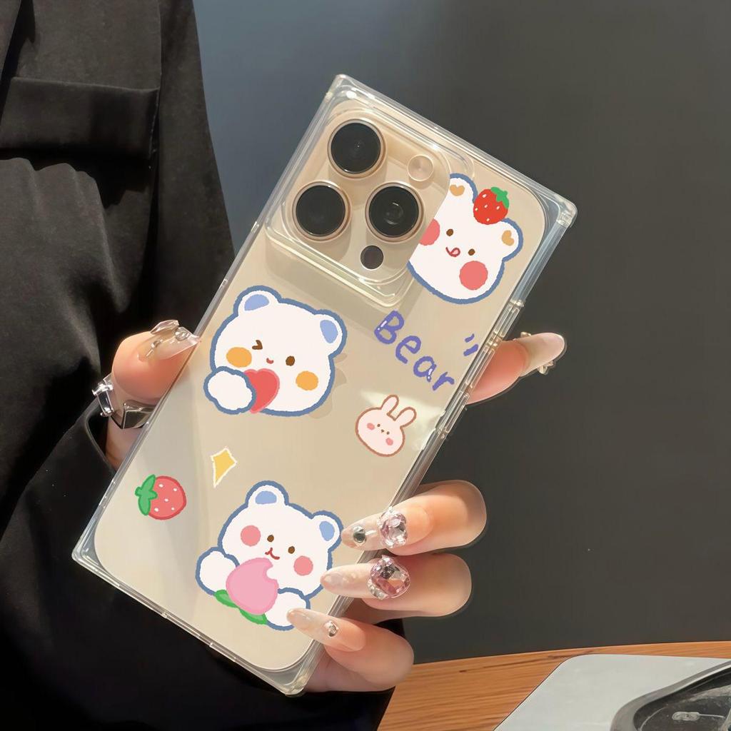 Square Back Tube Protection Clear Case For iPhone 11 14 Pro Max 13 12 16 ProMax 15 Plus Anti-Oxygen,Strawberry Bear Pattern Casing