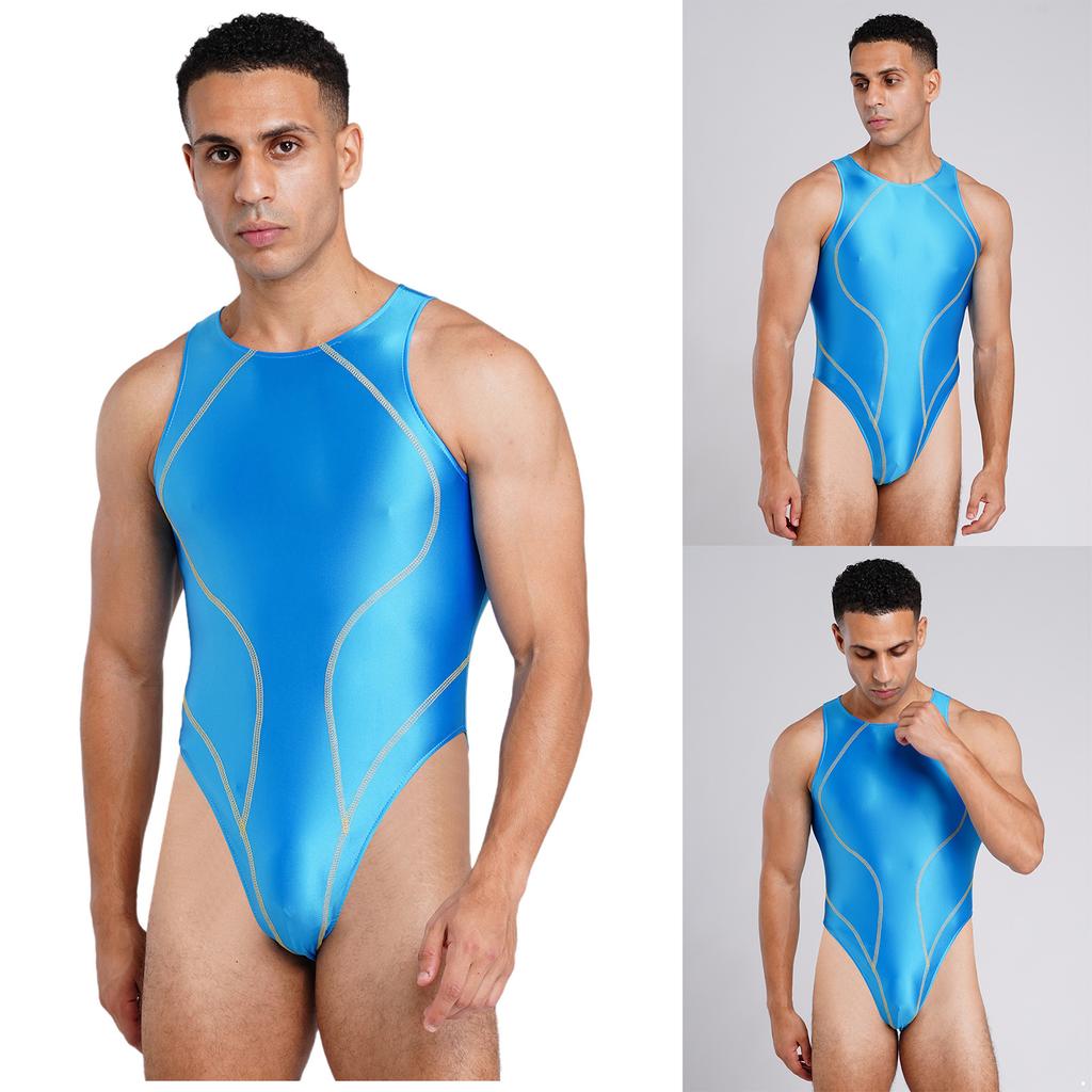 Ärmelloser glänzender Einteiler für Herren, hoch geschnitten, Farbblock-Bodysuit für Strand und Sonnenbaden S-XXL