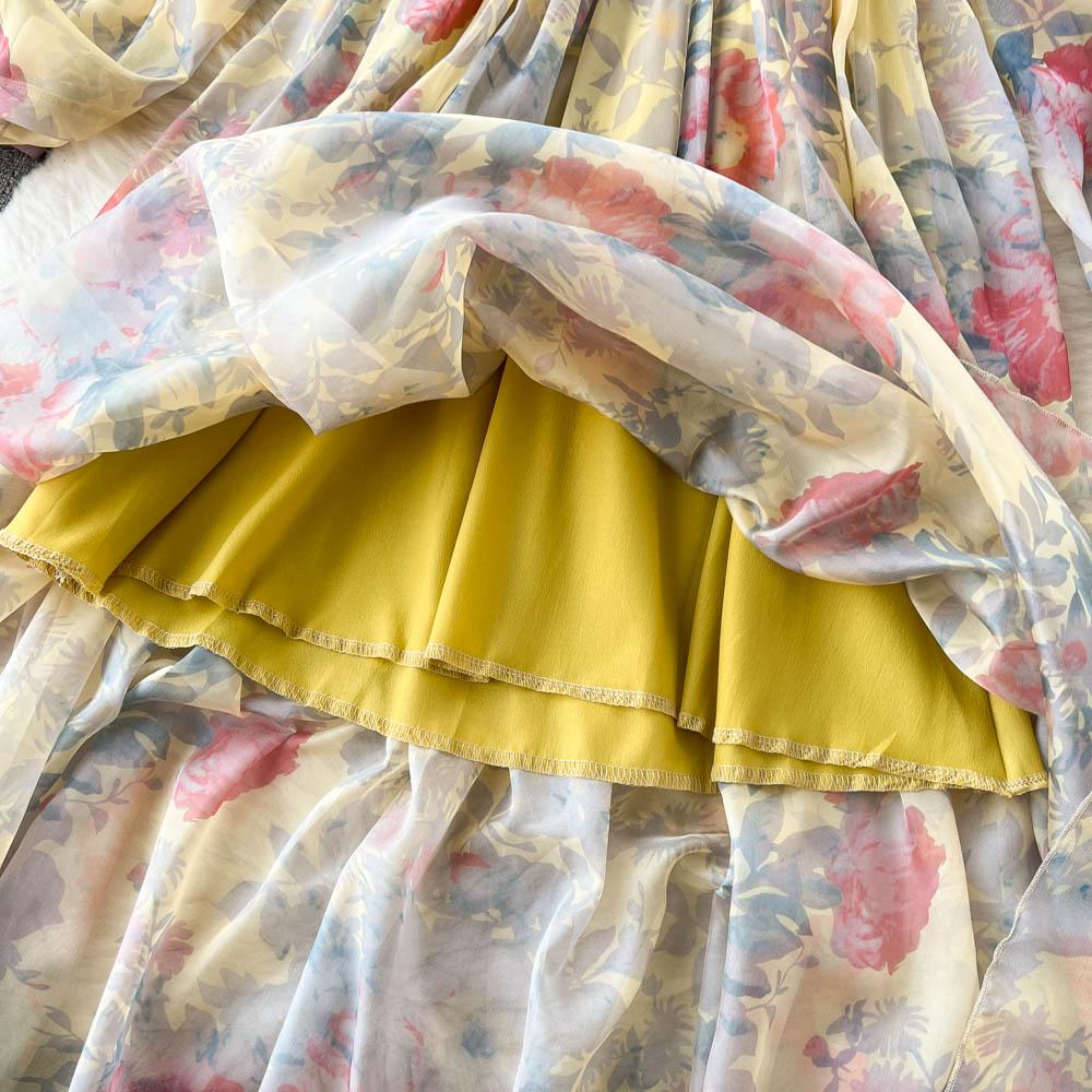 RUGOD Vacation Style Deep V-neck Lantern Sleeves Pleated Long Dress Early Spring Gentle Style Tea Break French Oil Painting Dress