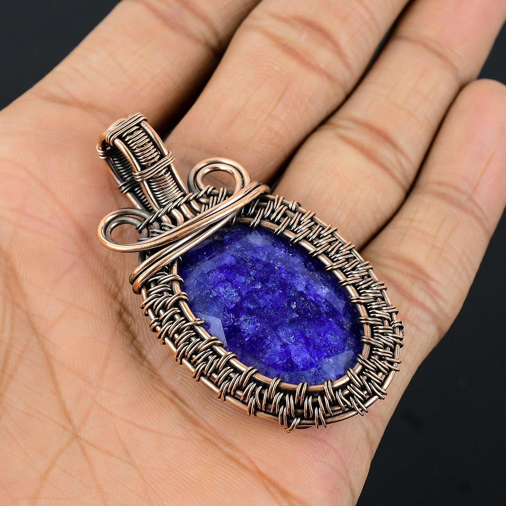 Blue Sapphire Pendant, Handmade Gemstone Pendant, 999 Copper Wire Wrapped Pendant Antique Jewelry, For Engagement Gift