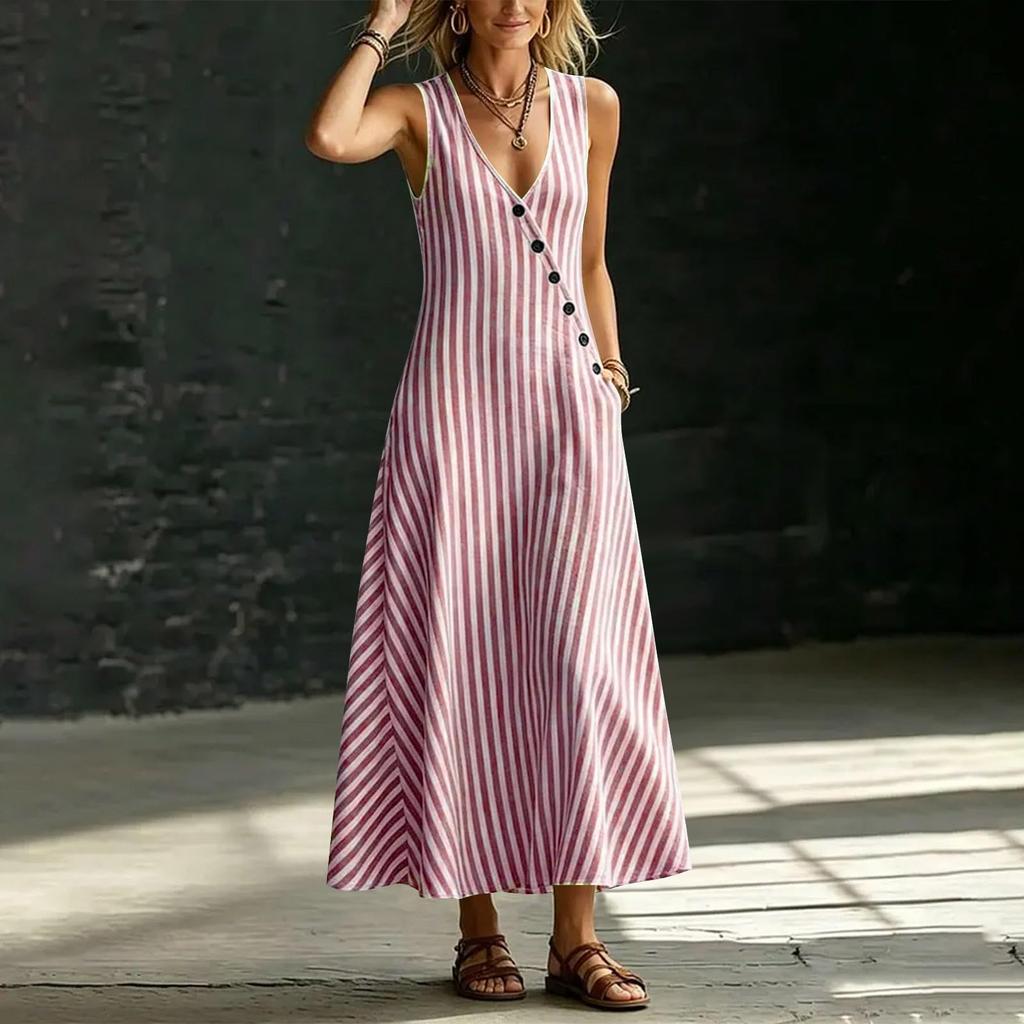Women's Casual Sleeveless V Neck Maxi Dress with Vertical Stripes Button Detail Side Pockets Comfortable Loose Fit Summer Dress