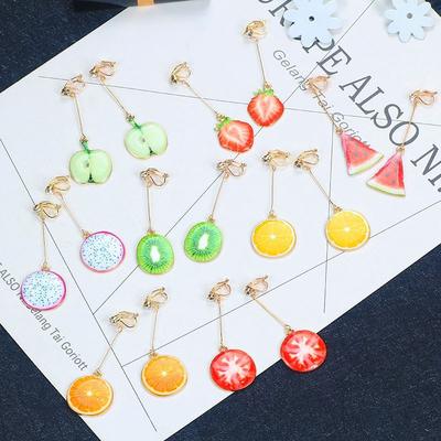 E1373 Small Fresh Rhinestone Fruit Long Earrings, Pineapple Watermelon Strawberry Cute Ear Clips Without Pierced Ears