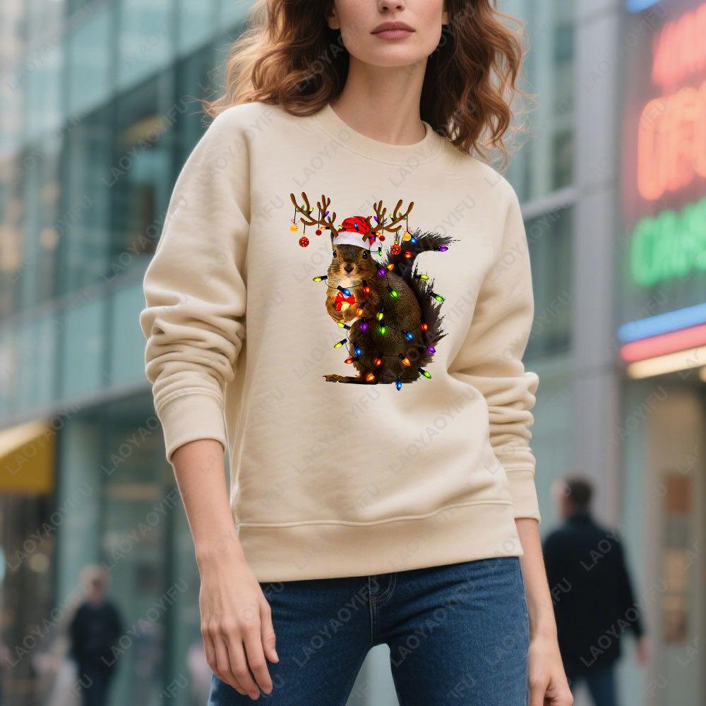 Christmas Squirrel Lights Sweatshirt Xmas Squirrel Hoodie Women Long Seleeve Sweater Santa Squirrel Gift Cute Christmas Sweater