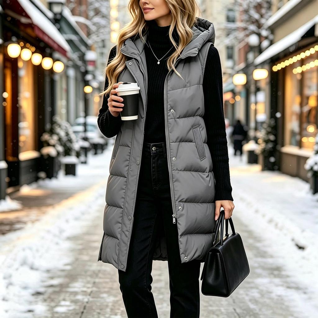 Women's Casual Hooded Cotton-Padded Vest Jacket Sleeveless Outerwear for Fall and Winter