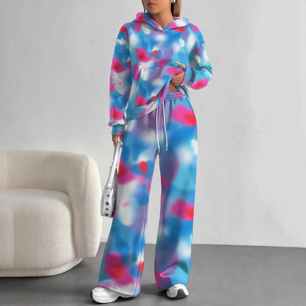 Flowers European, American Autumn and Winter Casual Long-sleeved Suit Women's Hooded Sweater Trousers Two-piece Set