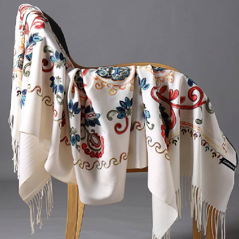 Ethnic Style Embroidered Scarf With Thick Cashmere For Winter Travel And Warmth