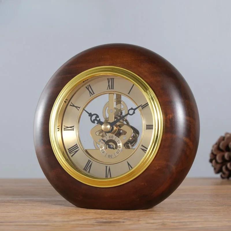 Деревянные Ретро Настольные Часы Круглые Настольные Часы Вращающиеся Часы Декоративные Объекты Гостиная Настольные Часы Столы Аксессуары
