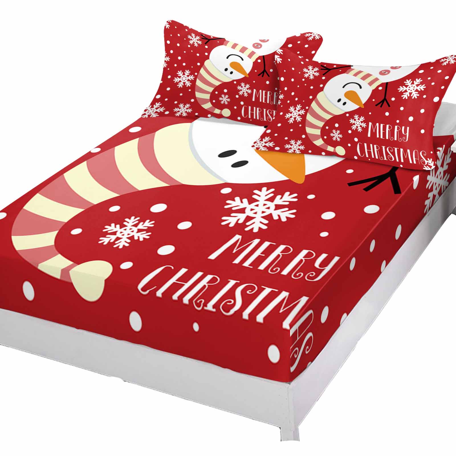 

Christmas Snowman Pattern Snowflake Queen Size Bed Mattress Fitted sheet Elastic Rubber Band Non-slip Bed Sheet Pillowcase Set 90x190x25cm 2pcs
