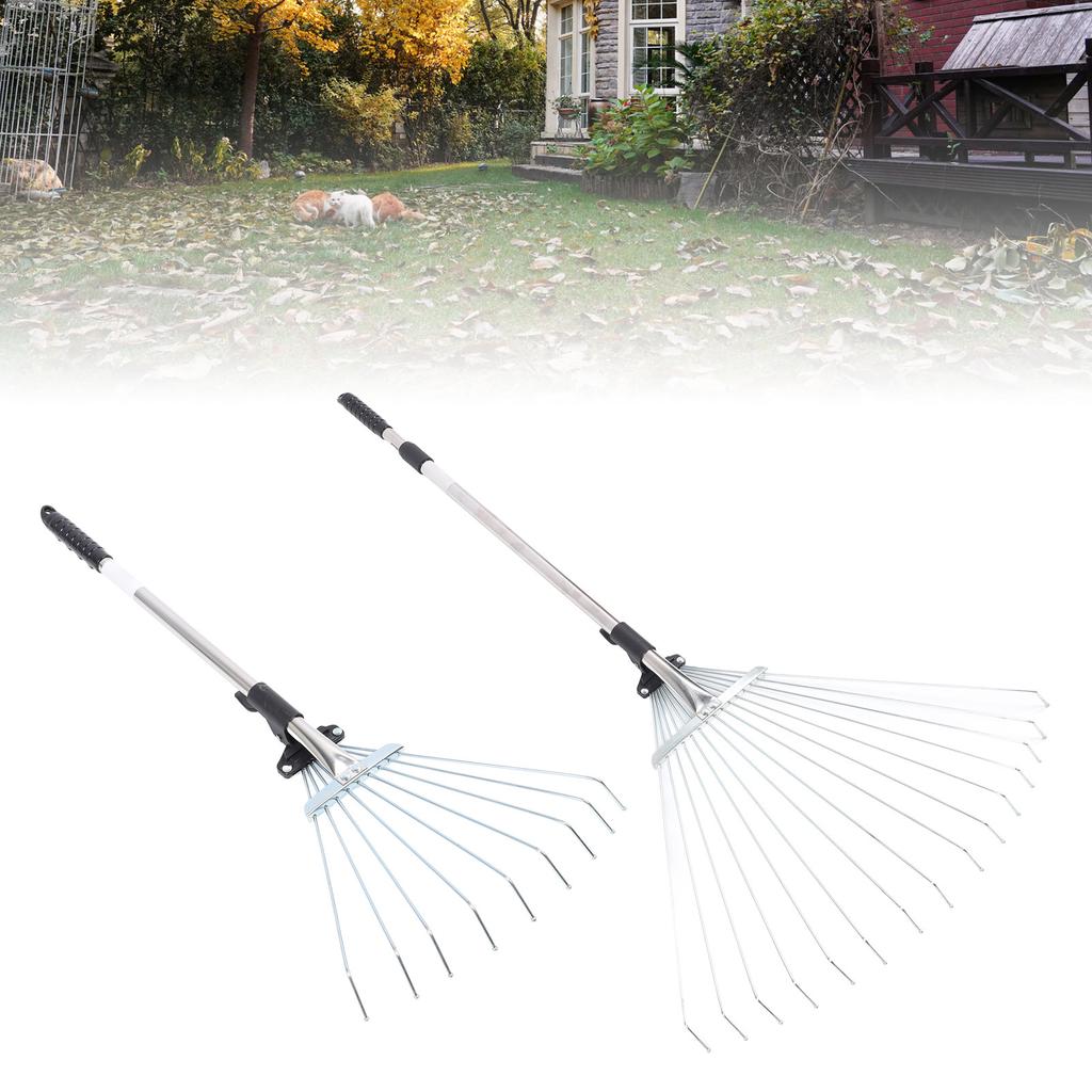 Adjustable Leaf Rake Retractable Expandable Stainless Steel Metal Lawn Yard Garden Hand Tool