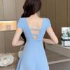 Women's Sexy Backless V-Neck Slimming A-Line Dress - Short-Sleeved, Low-Cut Skirt for Foot Massage Technicians