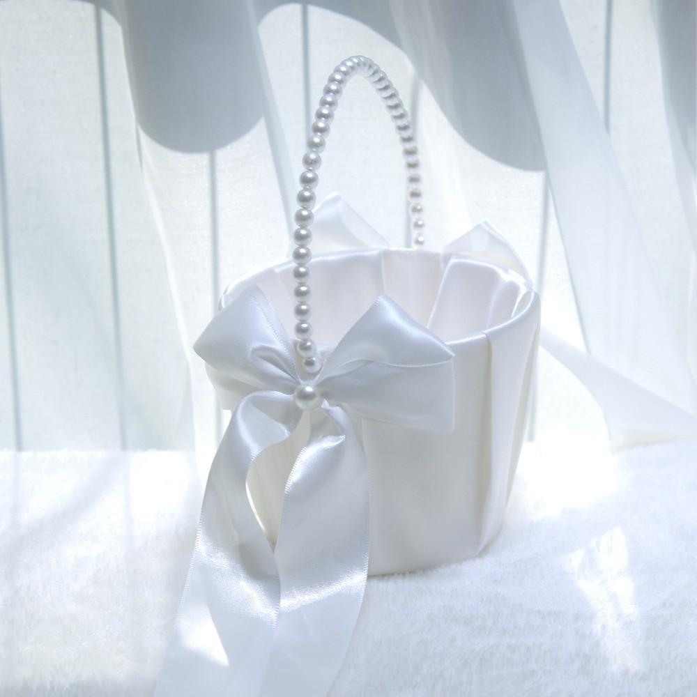 Satin White Wedding Flower Basket Rustic Bowknot Flower Girl Basket  Floral Petals