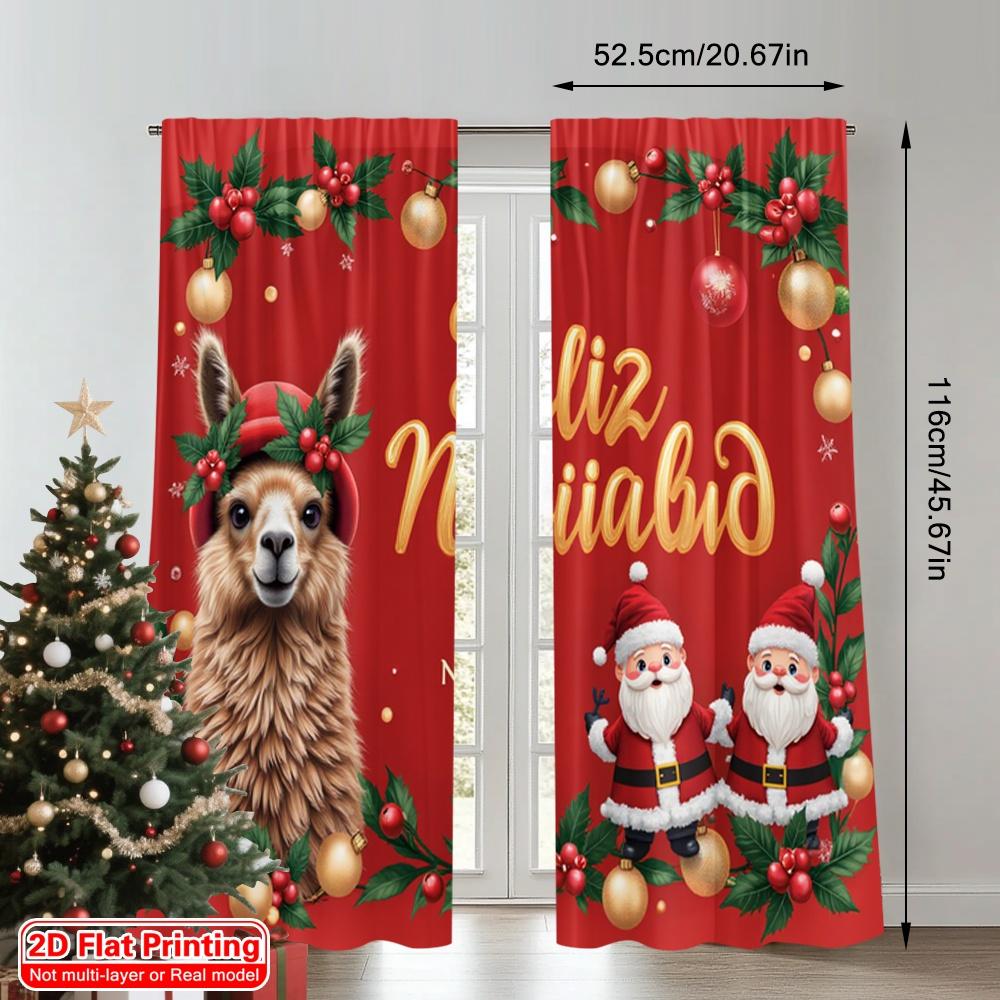 2pcs 2D Flat Printing Merry Christmas Popular Window Curtains Feliz Navidad Llama Santa Fabric Without Electricity 0 Use for