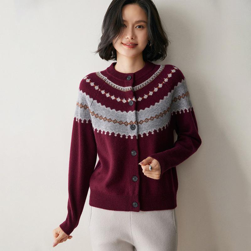 2025 Fall/Winter Striped Retro Women's Cashmere Sweater - Loose Round Neck Thick Cardigan with Long Sleeves