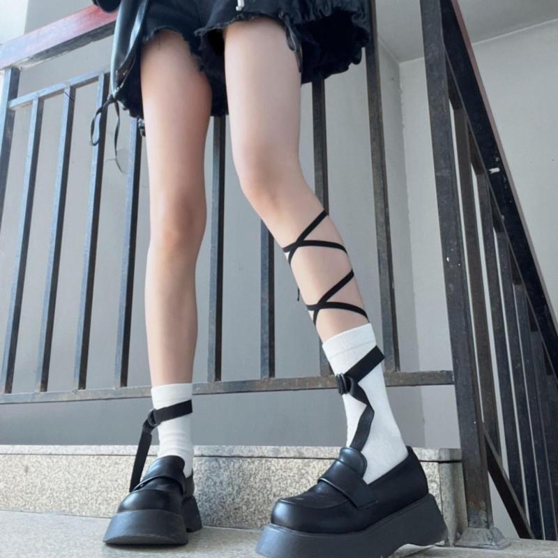 1 Pair Personalized Style Socks with String Straps Cool Socks Cotton Socks Women Calf Socks Girls Lace up Ankle Socks