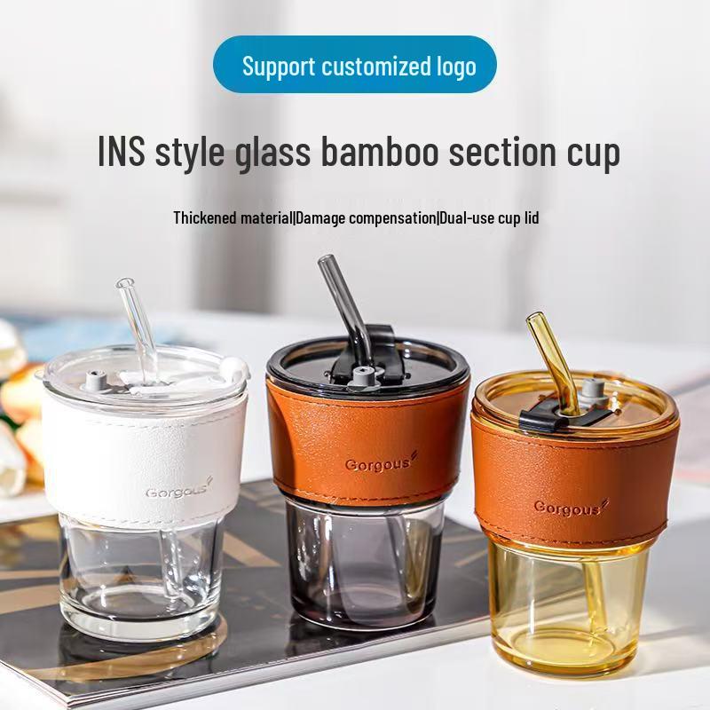 Creative Bamboo Insulated Coffee Cup with Lid and Glass Straw - Office Gift