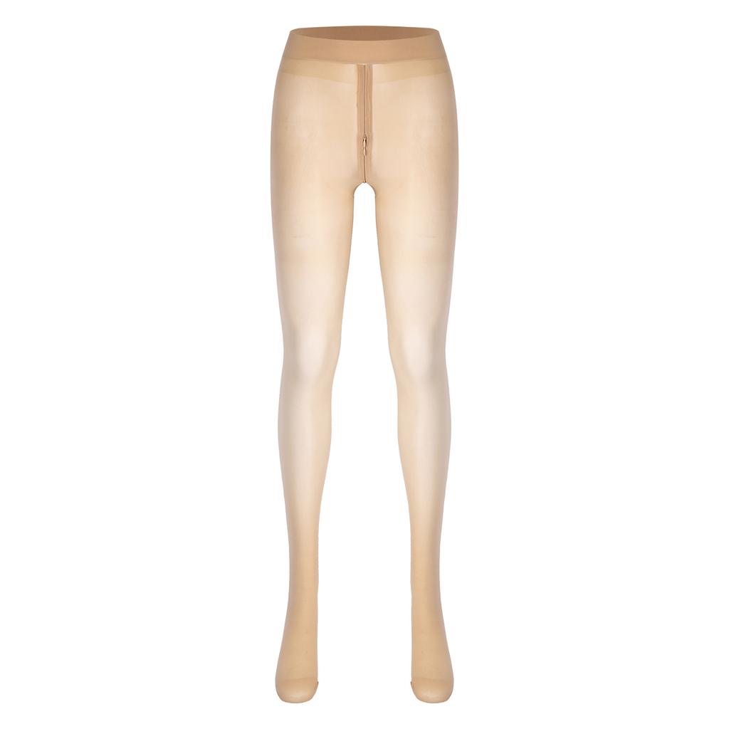 Women Sheer Pantyhose Zipper Crotch Design Stretchy See Through Tights Solid Color Elastic Waistband Leggings