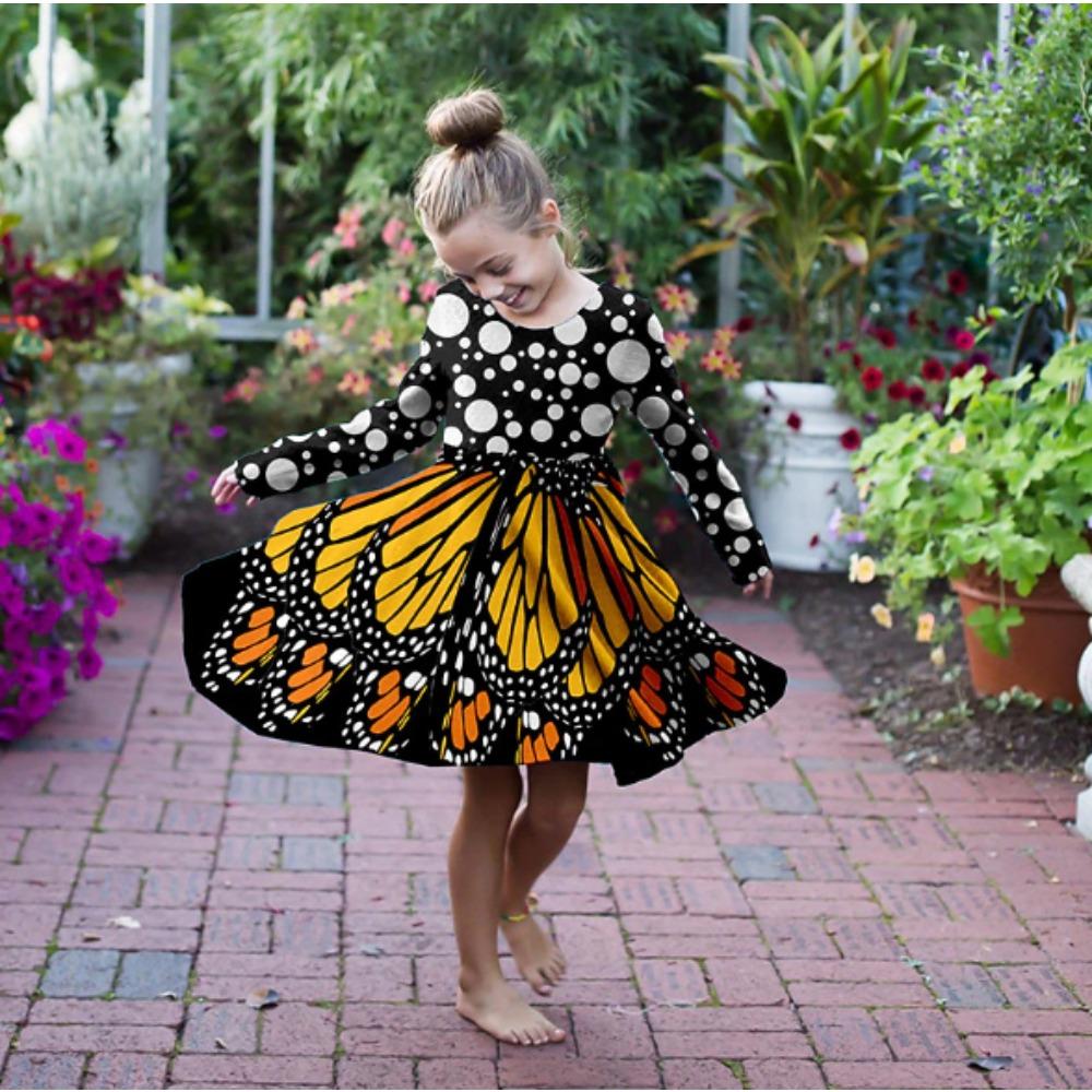 Girl Casual 3D Butterfly Print Round Neck Long Sleeve Dress Kid Princess Dress 80