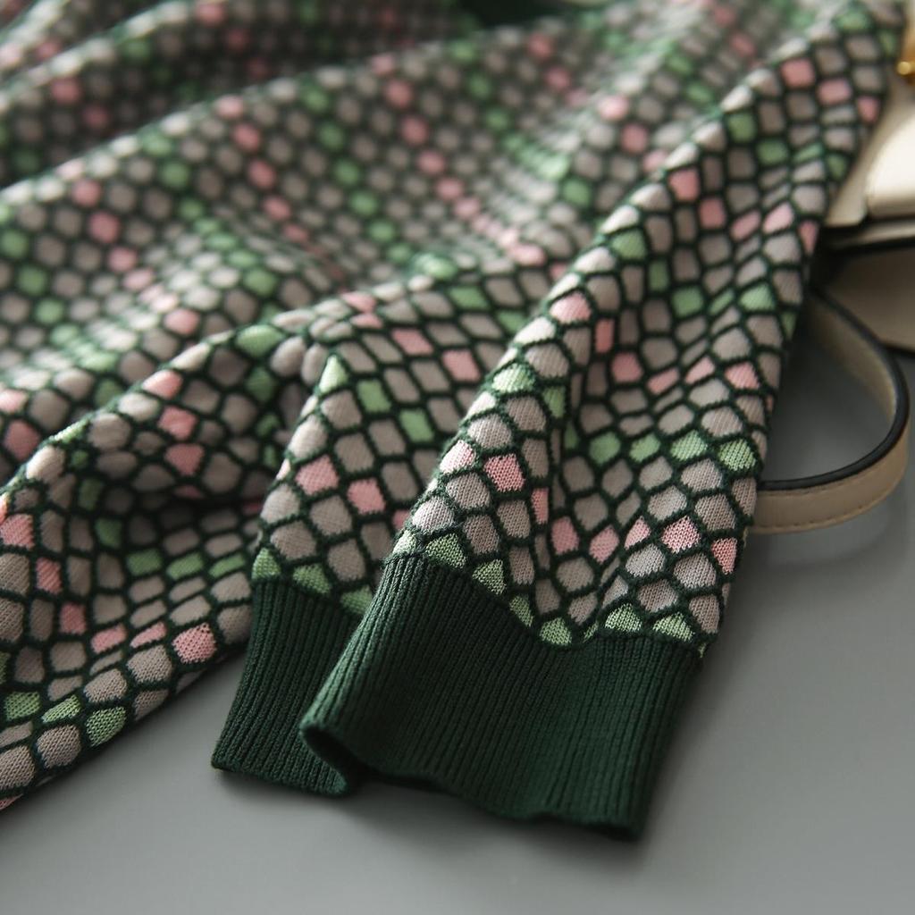 Stylish Geometric Plaid Knitted T-shirt Contrasting Colors Summer Loose Short Sleeve Female Clothing Round Neck Korean Pullovers