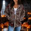 Women's Casual Long Sleeve Zip-Up Hooded Sweatshirt with Halloween Print