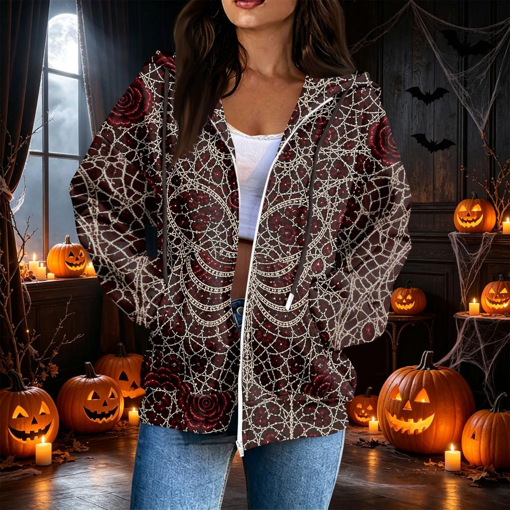 Women's Casual Long Sleeve Zip-Up Hooded Sweatshirt with Halloween Print