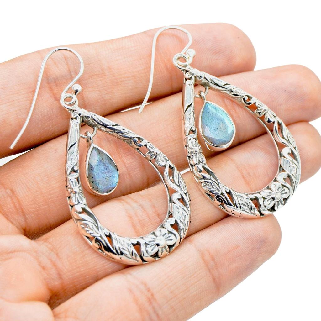 Teardrop Labradorite Earrings: Sterling Silver Floral Design
