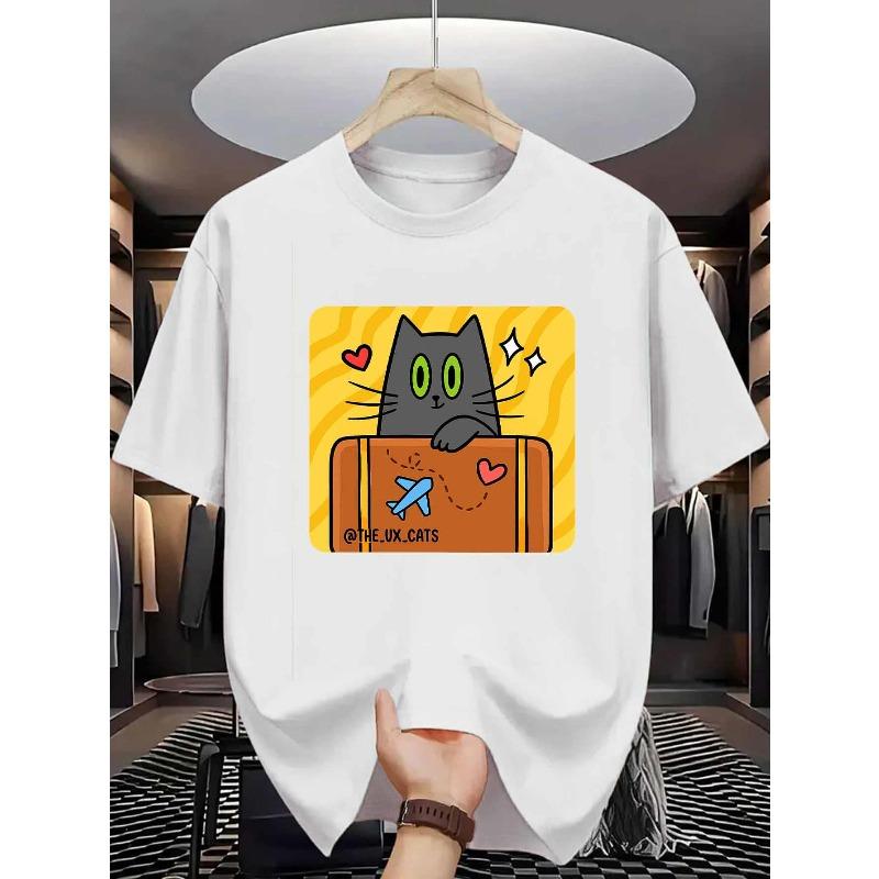 European Size Travel Cat Men S T-Shirt | Cute Cartoon Black Cat with Green Eyes Holding Suitcase Airplane Heart Print Pattern | Pure Premium Print S белый
