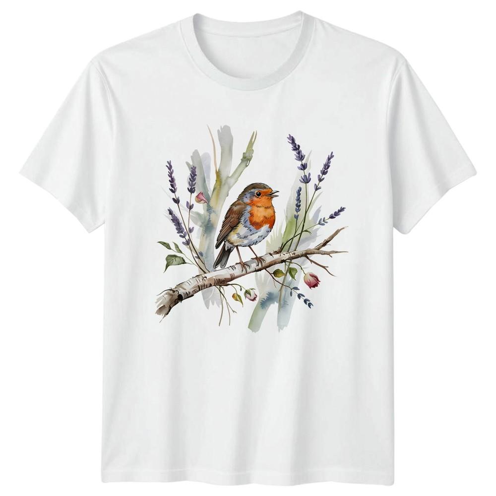 Sweet Watercolor Robin Bird And Unisexs TShirt Lavender Flowers S