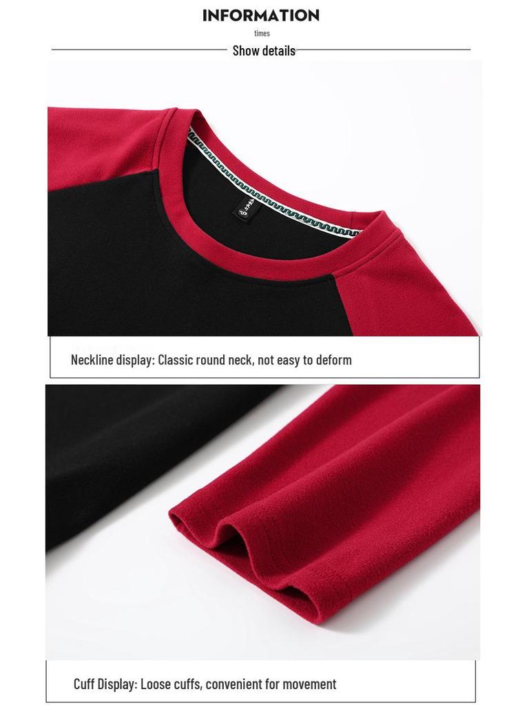 Men's Plus Size Velvet Base Layer Shirt with Color Block Raglan Sleeves – Extra Wide, Loose Fit, Thick Winter Wear, 330 Jin