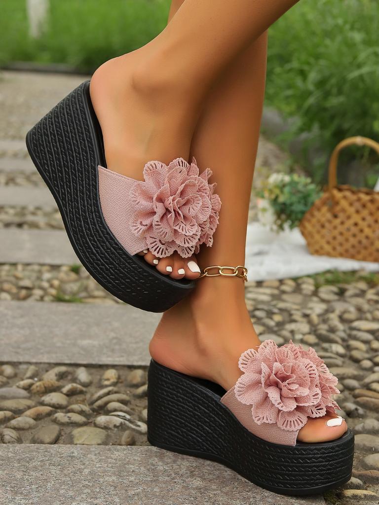 Plus Size Ladies Shoes Open Toe Women's Slippers Platform Casual Slippers Women Floral Round Toe Super High Wedges Sandal