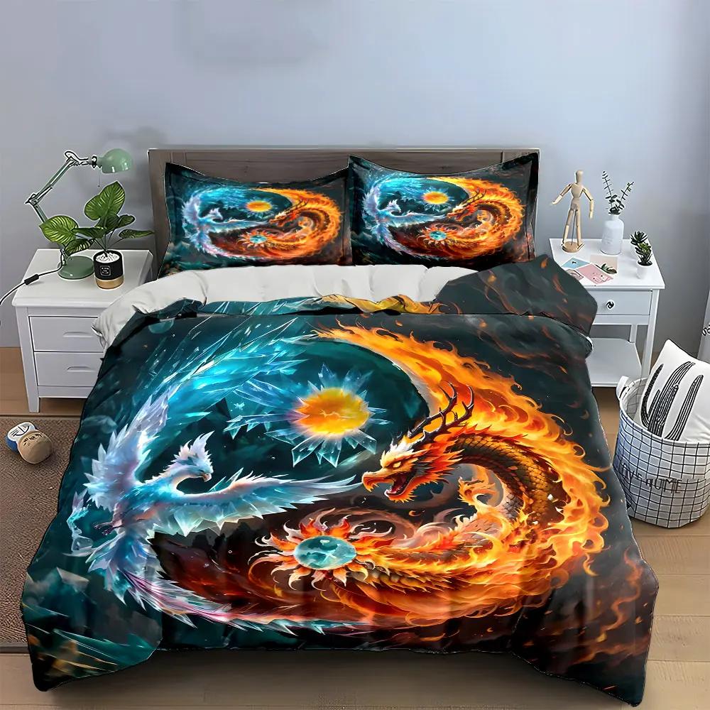 Fire and Ice Dragon Design Set Bedding Set with 1 Duvet Cover 2 Pillowcases Single Double King Queen Gift