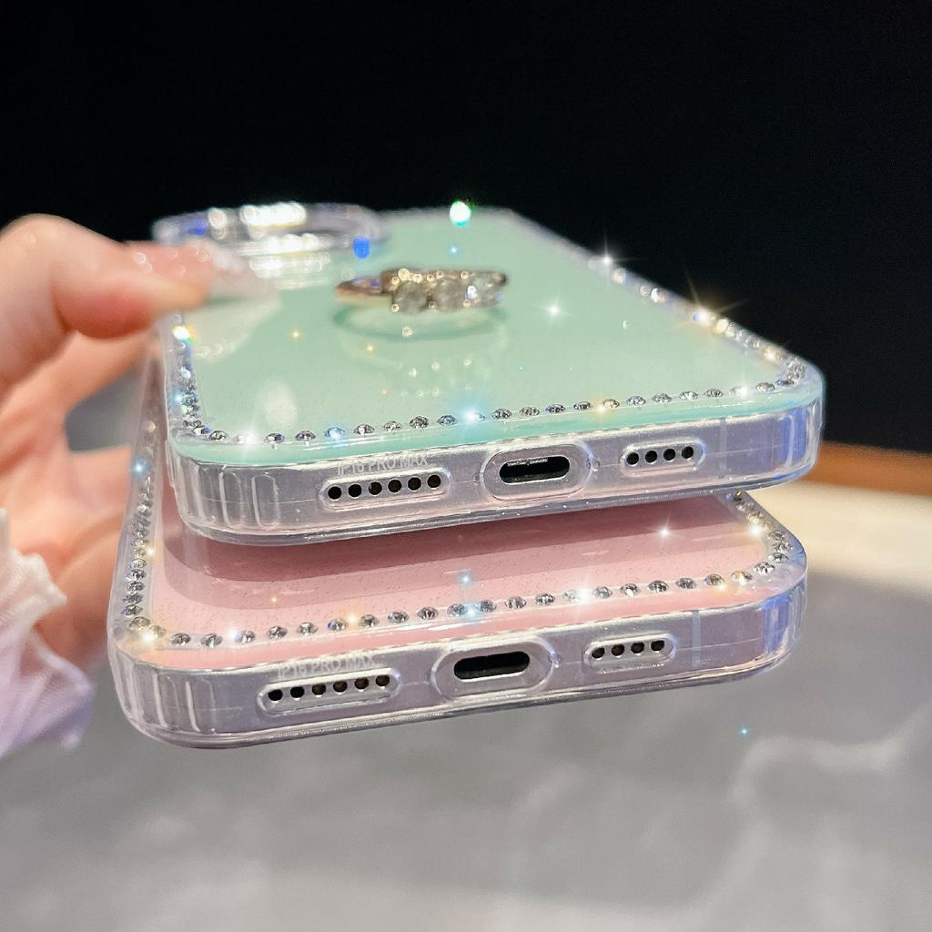 For iPhone 15 Pro Case with Ring Kickstand Rhinestone Edge TPU+PC IMD Phone Cover