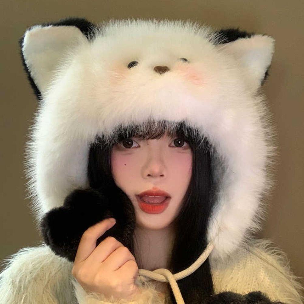Korean Faux Fur Bucket Hat Warm Women Fluffy Hat Vintage Pompom Beanie Cap  Outdoor