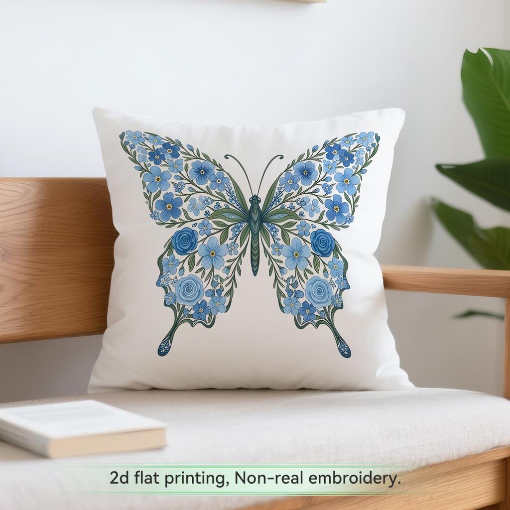 1pcs Blue Floral Butterfly Text Cushions Pillowcase Polyester Cushion Cover Throw Pillow Pillowcover Home Car Sofa Decor