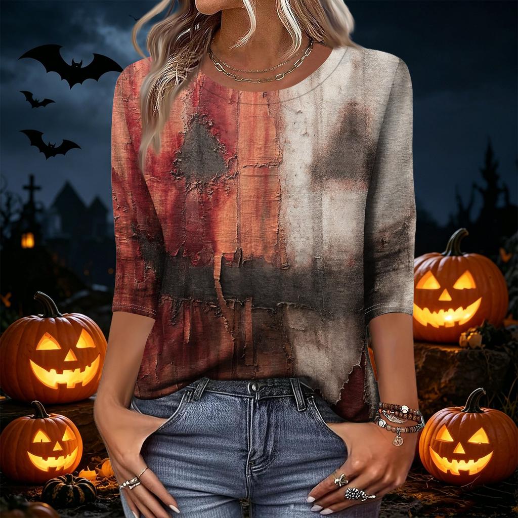 Women's Casual Halloween Print Round Neck Three Quarter Sleeve T Shirt Top Loose Fit Comfortable Fabric Seasonal Design
