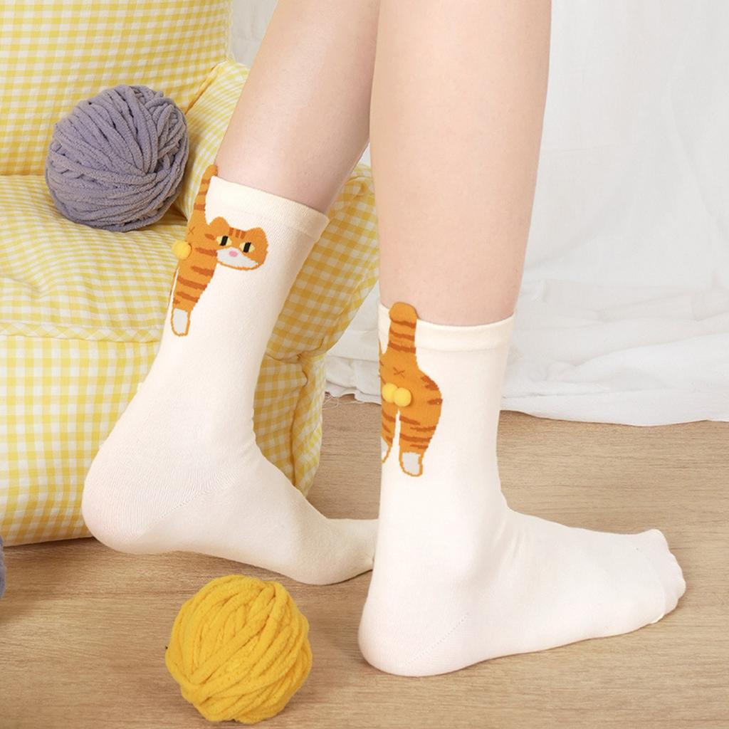 Whimsically 3D Fuzzy Balls Cats Pattern Ankle Socks Lightwieght Breathable Funny Middle Calf Socks for Women and