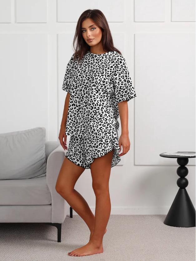 European & American Leopard Print Pajama Set: Loose Short Sleeve Top & Shorts for Women (2025 Collection)